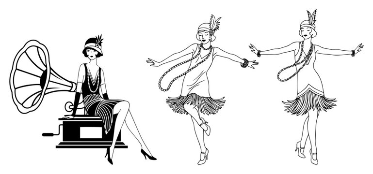 Vintage 1920s flapper girls set, Great Gatsby style women dancing with gramophone, retro art deco illustration