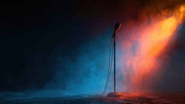 Solitary microphone under colorful stage lights, smoky atmosphere with blue and orange beams, wet floor reflections, cinematic spotlight and dramatic fog, anticipation of live performance, club venue