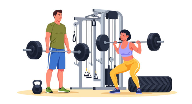 Fitness, workout, exercise, gym, weightlifting, illustration, vector, people, man, woman, squat, weights, equipment, colorful