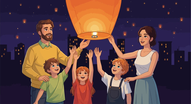Family, parents, and kids releasing lantern, flying lanterns at night, festive, joyful moment, celebration, vector illustration