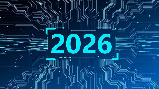 Glowing blue 2026 on circuit board background