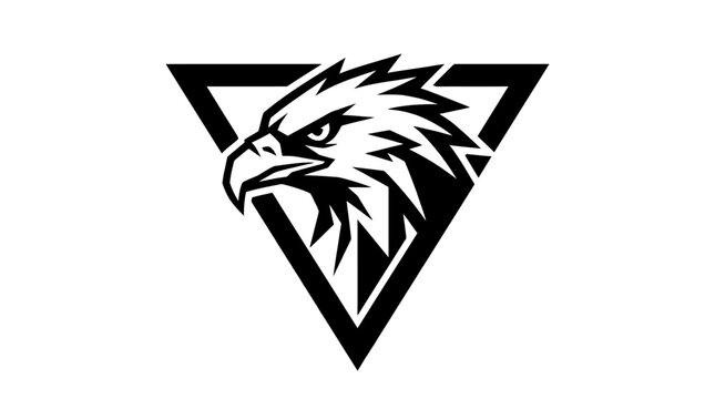 Minimalist vector illustration of a majestic eagle's head with a determined gaze, framed within a bold triangular emblem, symbolizing strength, freedom, and precision
