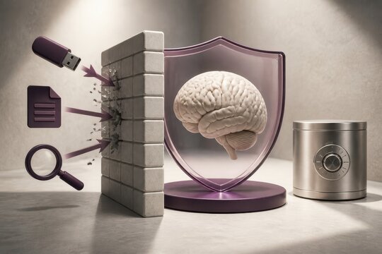 Cyber security concept with brain protected by shield wall and safe on neutral background with copy space