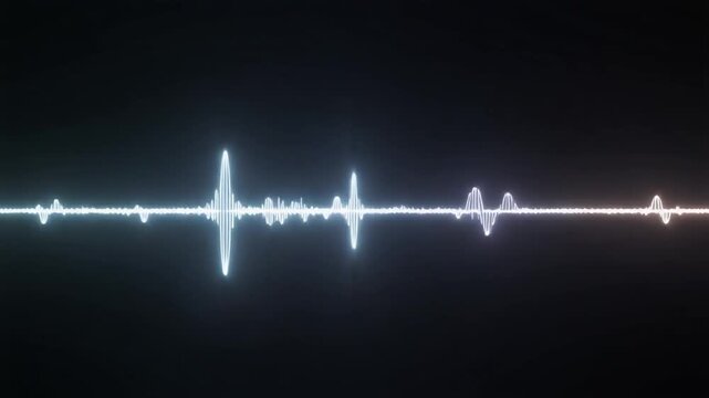 Pulsating AI generated digital sound waves on a dark background, abstract data visualization.