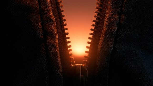Zipper opening reveals glowing sunset sky, close view of fabric edges parted by metal teeth framing warm horizon light, textured cloth and detailed zipper pull create intimate discovery mood,