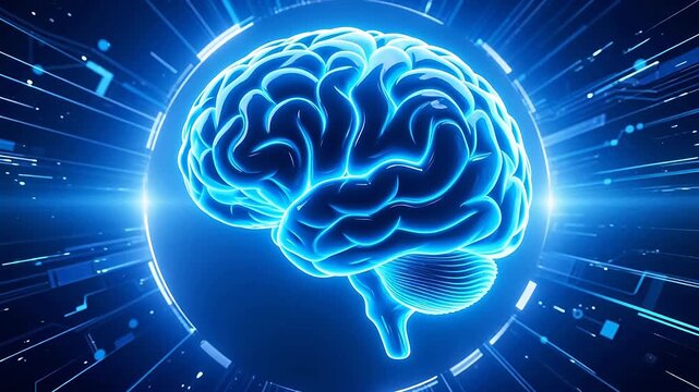 Glowing blue brain model with dynamic light effects