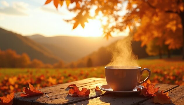 Steaming cup of tea on a wooden table, autumn leaves, golden sunset light over hills. Peaceful outdoor fall scene, warm beverage, seasonal comfort, drink.
