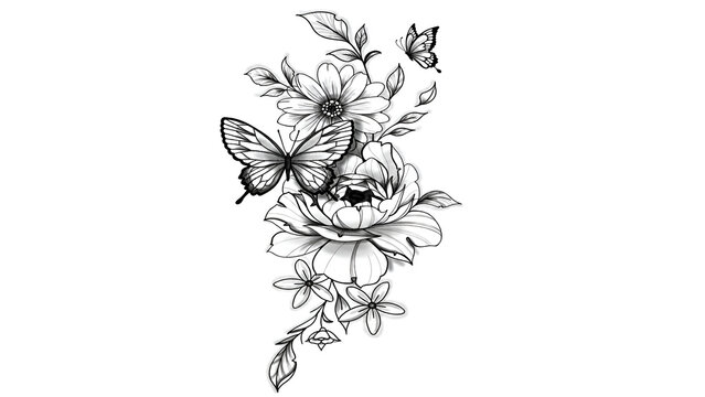 Elegant black and white floral tattoo design with butterflies and blooming flowers, line art illustration.