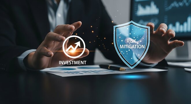 Risk mitigation concept. An analyst's hands place a holographic 'shield' over an 'investment' icon, symbolizing risk mitigation.