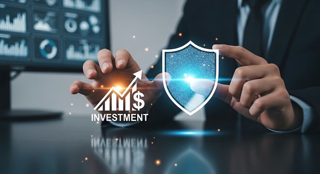 Risk mitigation concept. An analyst's hands place a holographic 'shield' over an 'investment' icon, symbolizing risk mitigation.
