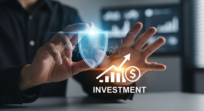 Risk mitigation concept. An analyst's hands place a holographic 'shield' over an 'investment' icon, symbolizing risk mitigation.