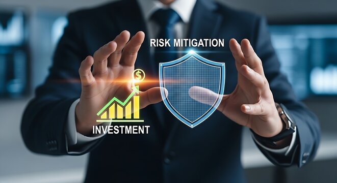 Risk mitigation concept. An analyst's hands place a holographic 'shield' over an 'investment' icon, symbolizing risk mitigation.