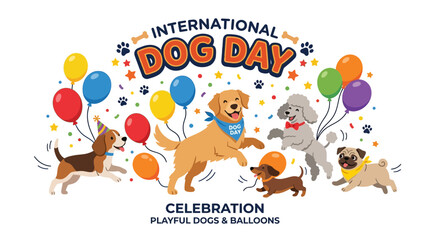 Fototapeta premium International Dog Day Celebration: Playful Dogs with Balloons and Confetti