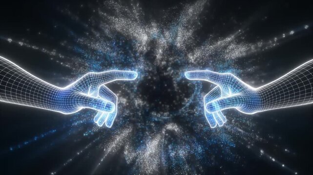 Digital Wireframe Hands Connecting, Symbolizing AI Interaction and Data Flow