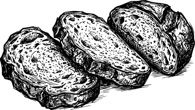 Hand-drawn bread slices sketch: three textured black and white loaves
