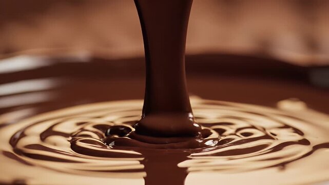 A close-up shot showcases molten chocolate cascading into a pool of rich, dark chocolate, highlighting its smooth texture and decadent appeal.