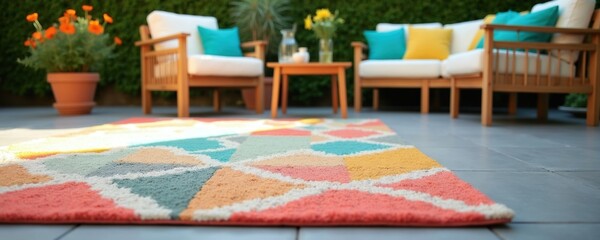 Obraz premium Outdoor patio with wooden furniture and colorful rug. Cozy seating area with plants creates a relaxing ambiance. Bright cushions add a vibrant touch to the garden space.