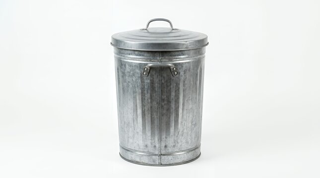 Empty galvanized metal trash can on white background