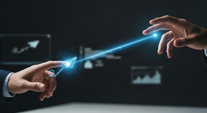 Direct communication concept. A professional's hands send a 'paper plane' icon from one point to another in a straight holographic line.