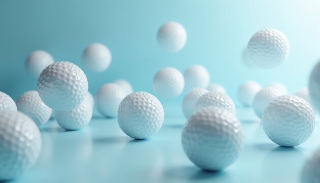 White golf balls levitate and fall in dynamic composition on light blue background. Closeup view shows dimpled texture of spheres. Abstract sport concept.