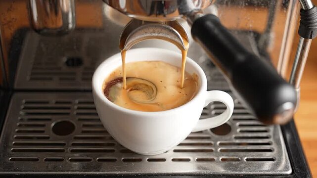 Espresso coffee pouring from a portafilter into a white ceramic cup on an espresso machine