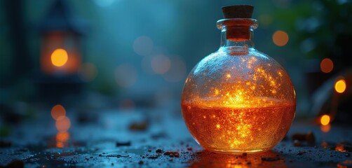 Fototapeta premium Round glass vial holds bright glowing orange liquid with golden sparks. Small glass bottle sealed with cork stopper rests on wet ground near blurry lantern lights, magical liquid.