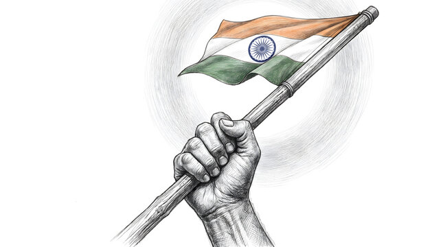 Raised fist holding tricolor indian flag in detailed pencil sketch on white background
