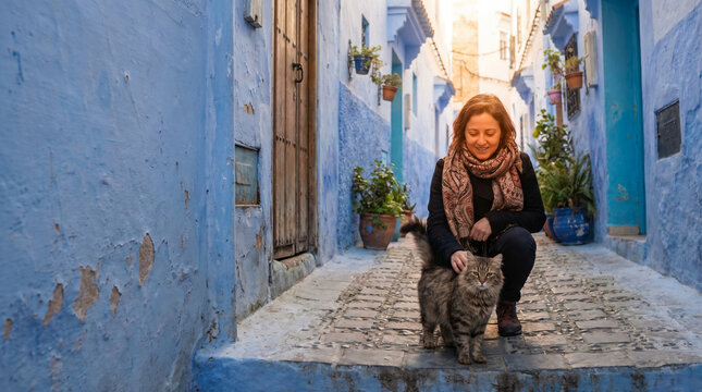 Solo Female traveler, on adventure travel, finds joy petting a friendly cat on vibrant blue street; alone women discover culture
