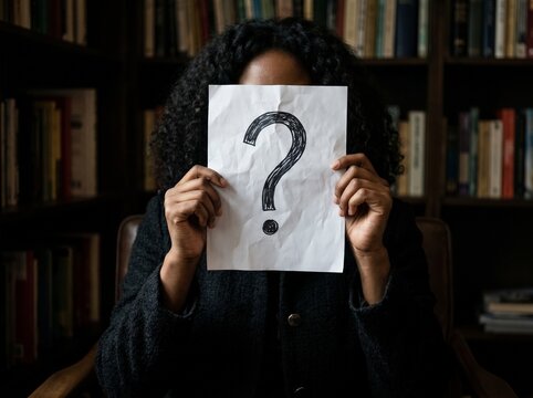 Anonymous person hiding face behind a white paper with a question mark in a dark library