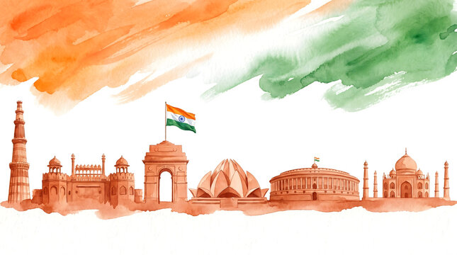 Watercolor painting of india landmark skyline with tricolor flag and wash