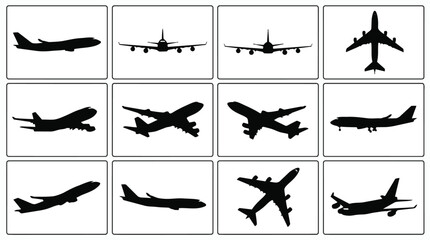Fototapeta premium Collection of twelve different airplane silhouettes in various flight positions and angles on a white background.
