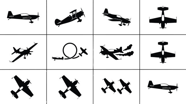 Set of Twelve Aerobatic Airplane Silhouettes in Various Flight Positions and Maneuvers.