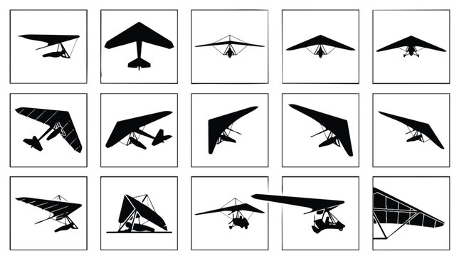 Collection of hang glider silhouettes in various flight positions and angles.