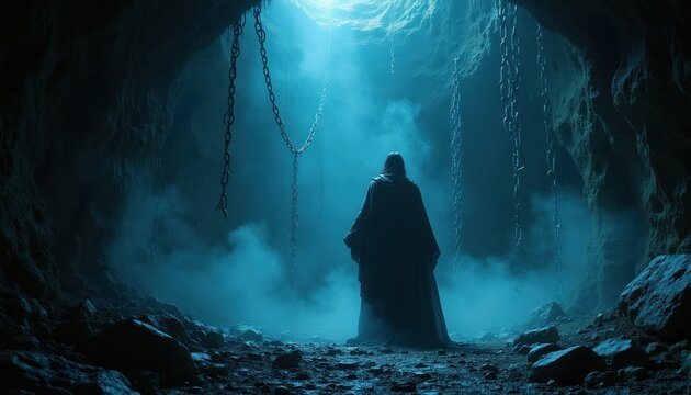 Solemn figure in dark robe stands in cave with hanging chains. Ethereal light shines from above illuminating mist. Rocky floor, walls suggest desolate underworld environment with spiritual