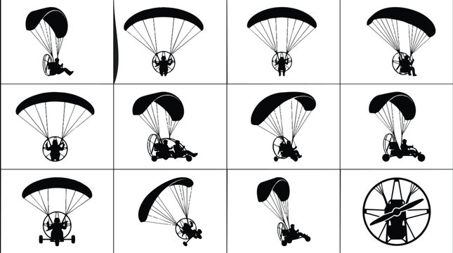 Set of Powered Paraglider and Paramotor Silhouettes in Various Flight Positions.