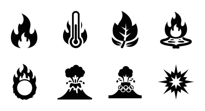 Fire and Heat Icons Set, Thermometer, Leaf Flame, Burning Tire, Volcano Eruption, Explosion Symbols, Vector Graphics for Emergency and Danger Concepts