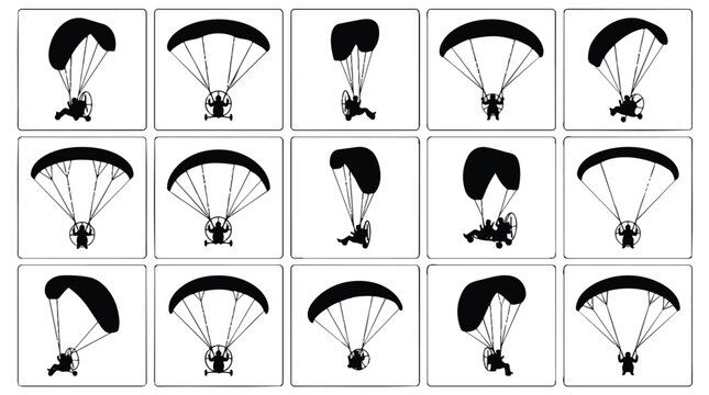 Silhouette collection of powered paragliders and paramotor pilots in various flying positions.