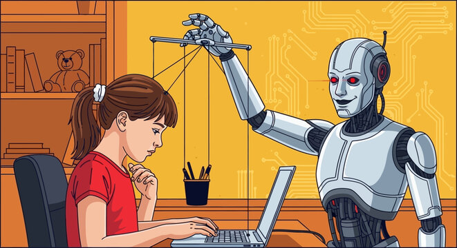 Robot controlling woman, puppeteer android, office worker manipulated, technology vector illustration