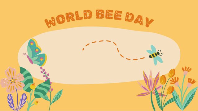 A colorful illustration of a bee flying around World Bee Day text on a white background. Ideal for promotion, banner, announcement, awareness campaign