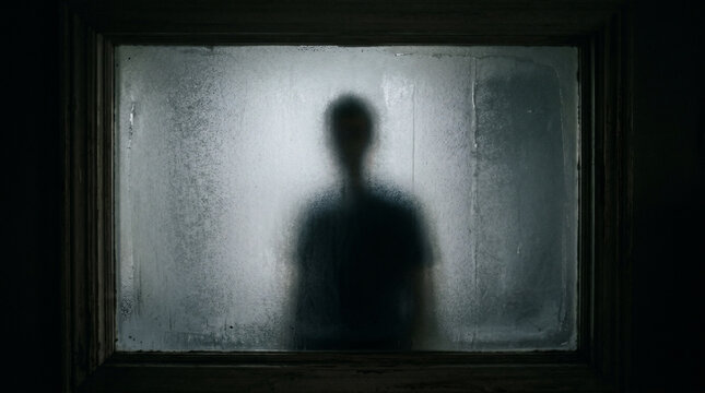 Shadowy Figure Behind Frosted Glass: A silhouetted figure emerges from the darkness, their form obscured by the frosted surface of a window, creating an atmosphere of mystery and suspense.