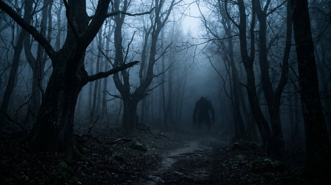 Mysterious Figure in Foggy Forest: A shadowy figure lurks deep within a dense, fog-shrouded forest, its gnarled trees and overgrown path creating an atmosphere of eerie suspense and primal fear.