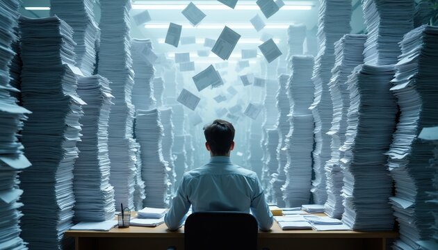 Man sits at desk surrounded by massive paper stacks. Documents float around him in surreal office environment. Overwhelmed worker faces deadline pressure and extreme work overload.