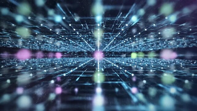 A mesmerizing abstract visualization depicts a complex network of interconnected lines and glowing nodes, creating a futuristic and dynamic digital landscape.