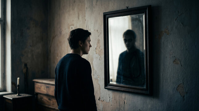 Reflection of Doubt: A solitary figure stands before a weathered mirror, their gaze fixed on a shadowed reflection that hints at inner turmoil and self-doubt. A candle flickers.