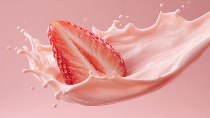 Fototapeta premium Fresh Strawberry Slicing Through Pink Milk Splash with Droplets
