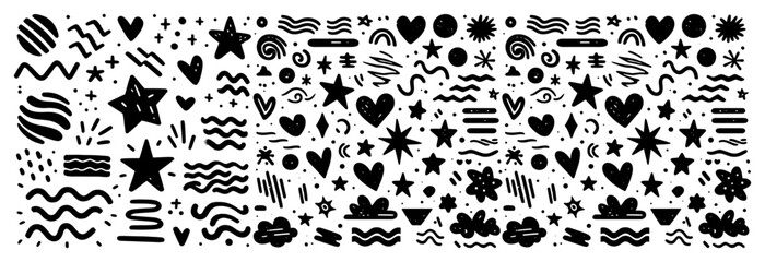 Hand drawn doodle elements set with stars hearts and waves, cute decorative shapes collection for patterns © Luka