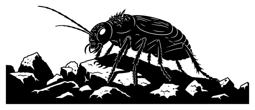 Giant beetle insect on rocks silhouette, vintage woodcut style bug illustration, cricket on rocky ground vector