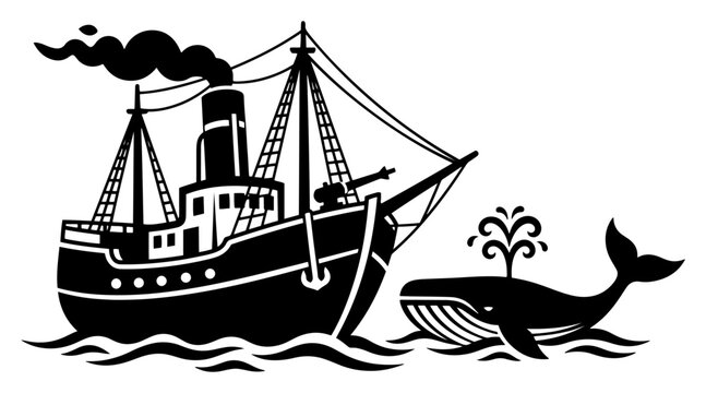 Vintage steam ship and whale spouting water, nautical maritime sea landscape woodcut style vector