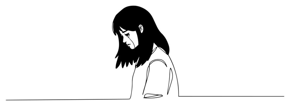 Sad depressed girl silhouette profile, lonely young woman feeling down minimal line art illustration