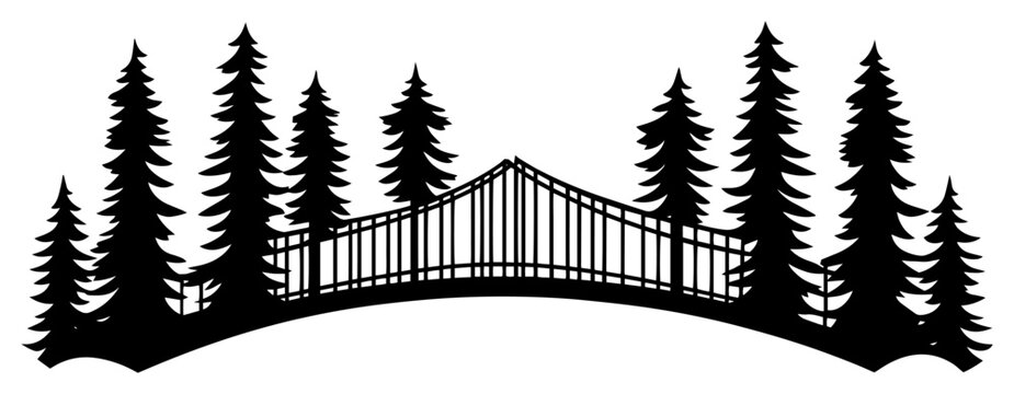 Pine forest landscape with bridge silhouette, wilderness nature scenery with spruce trees vector